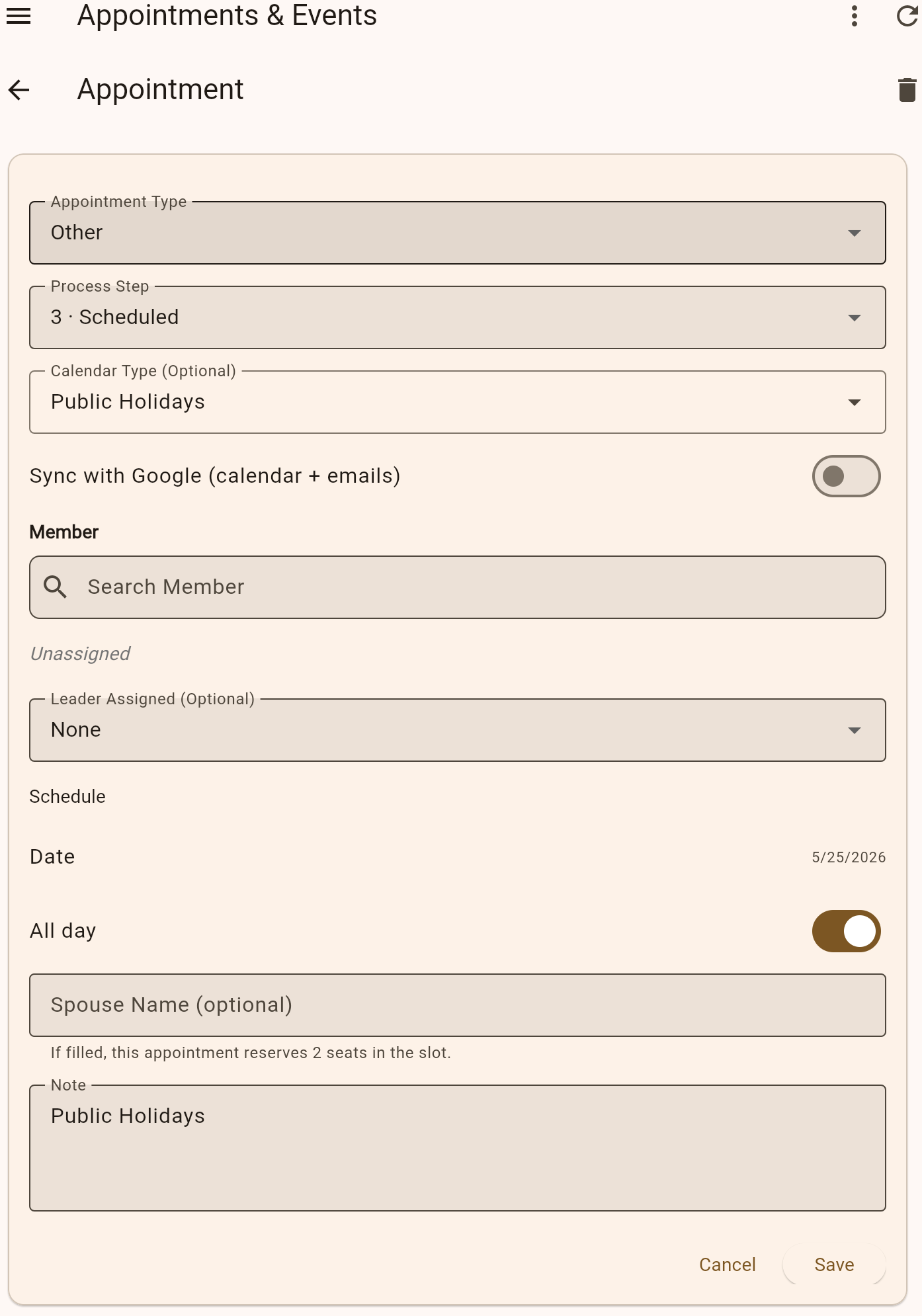Appointment scheduling form with Google Calendar sync toggle