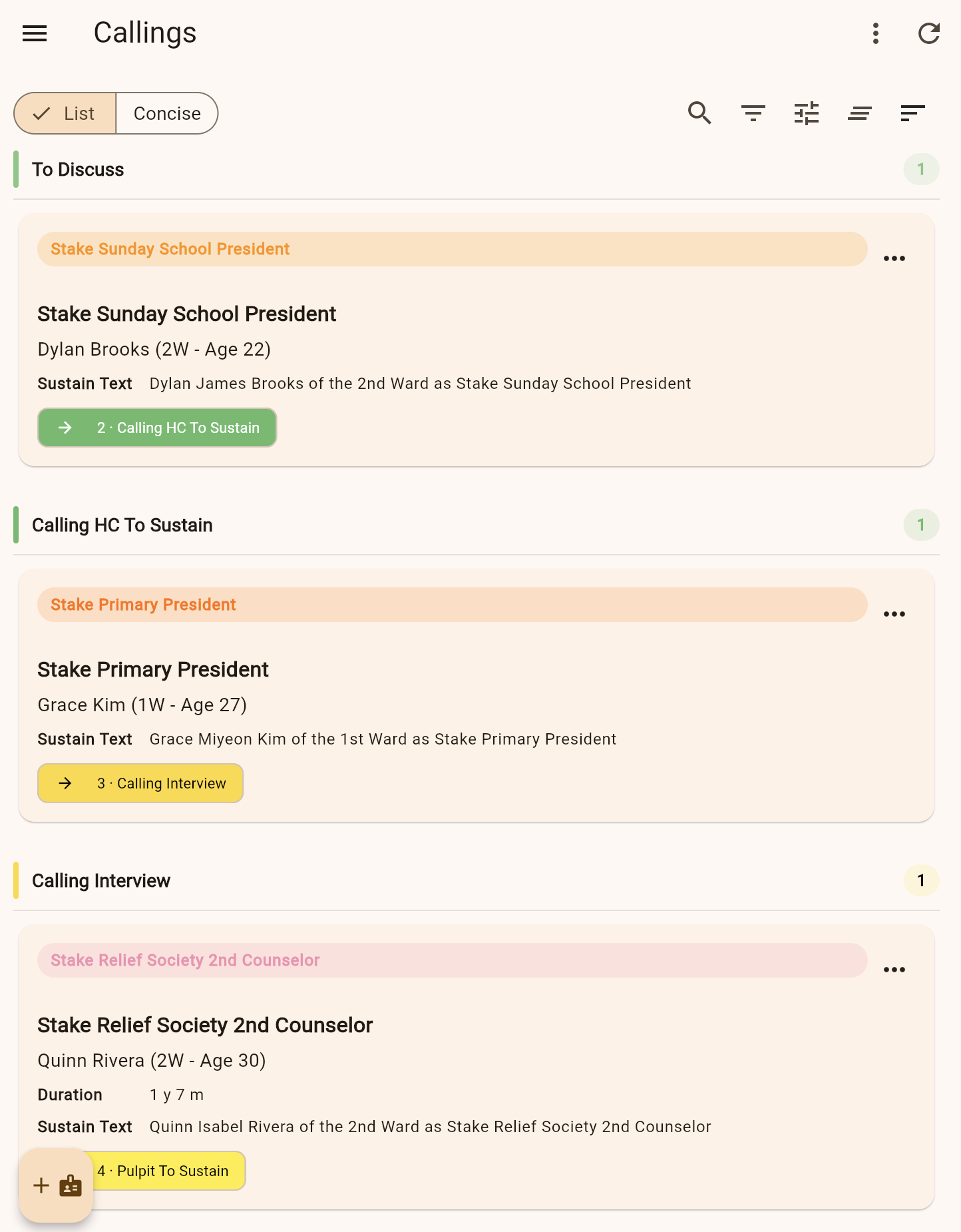 Callings list showing current calling assignments