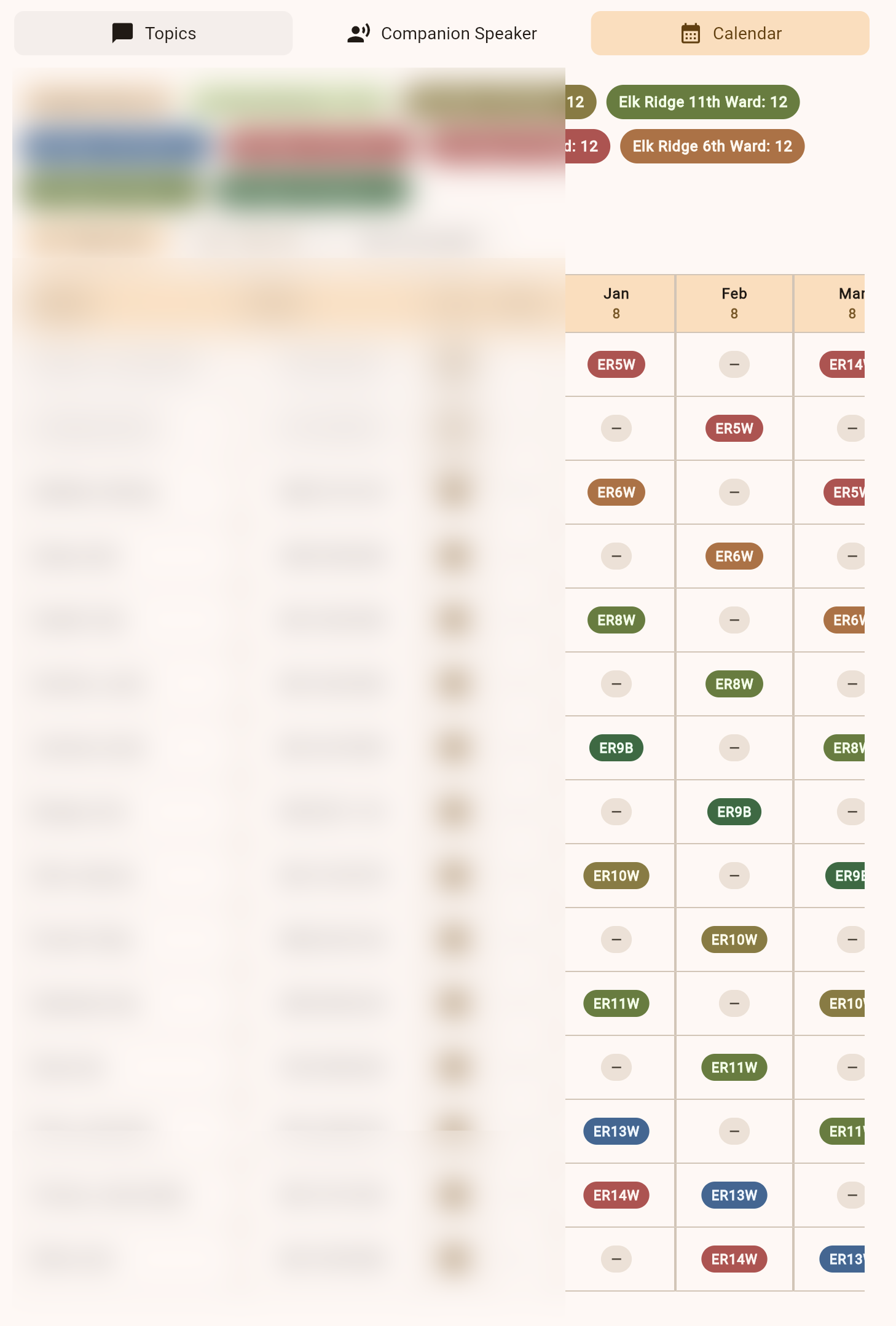 Council Speaking calendar grid with member rows and monthly assignment columns