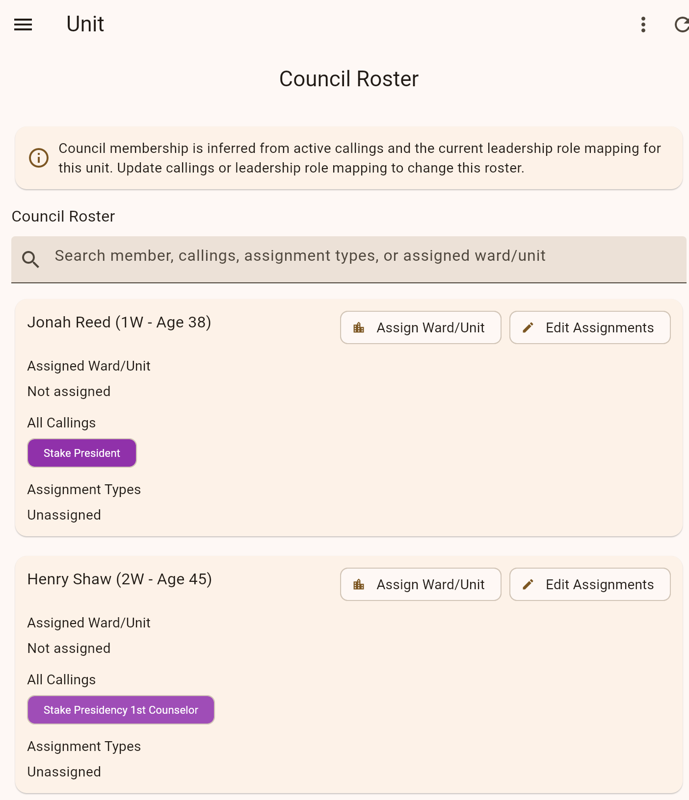 Council roster showing leadership members and assignments