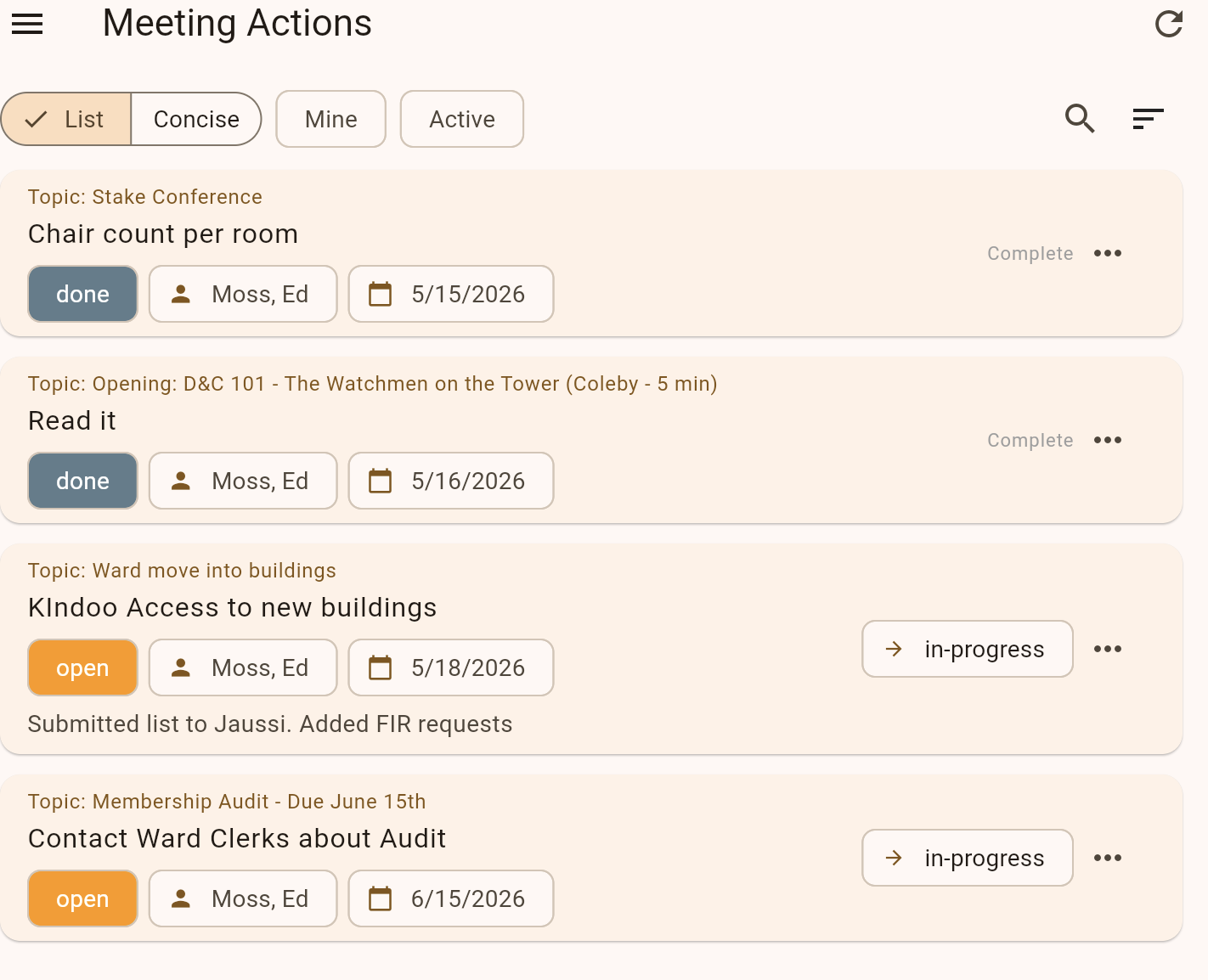 Meeting actions list with active status and filters