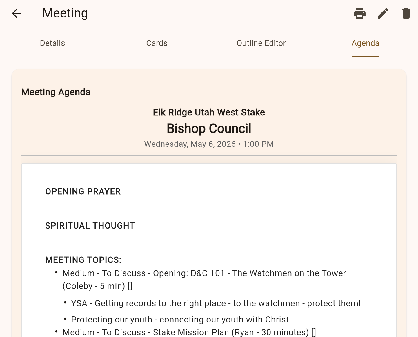 Meeting agenda preview with speakers and topics