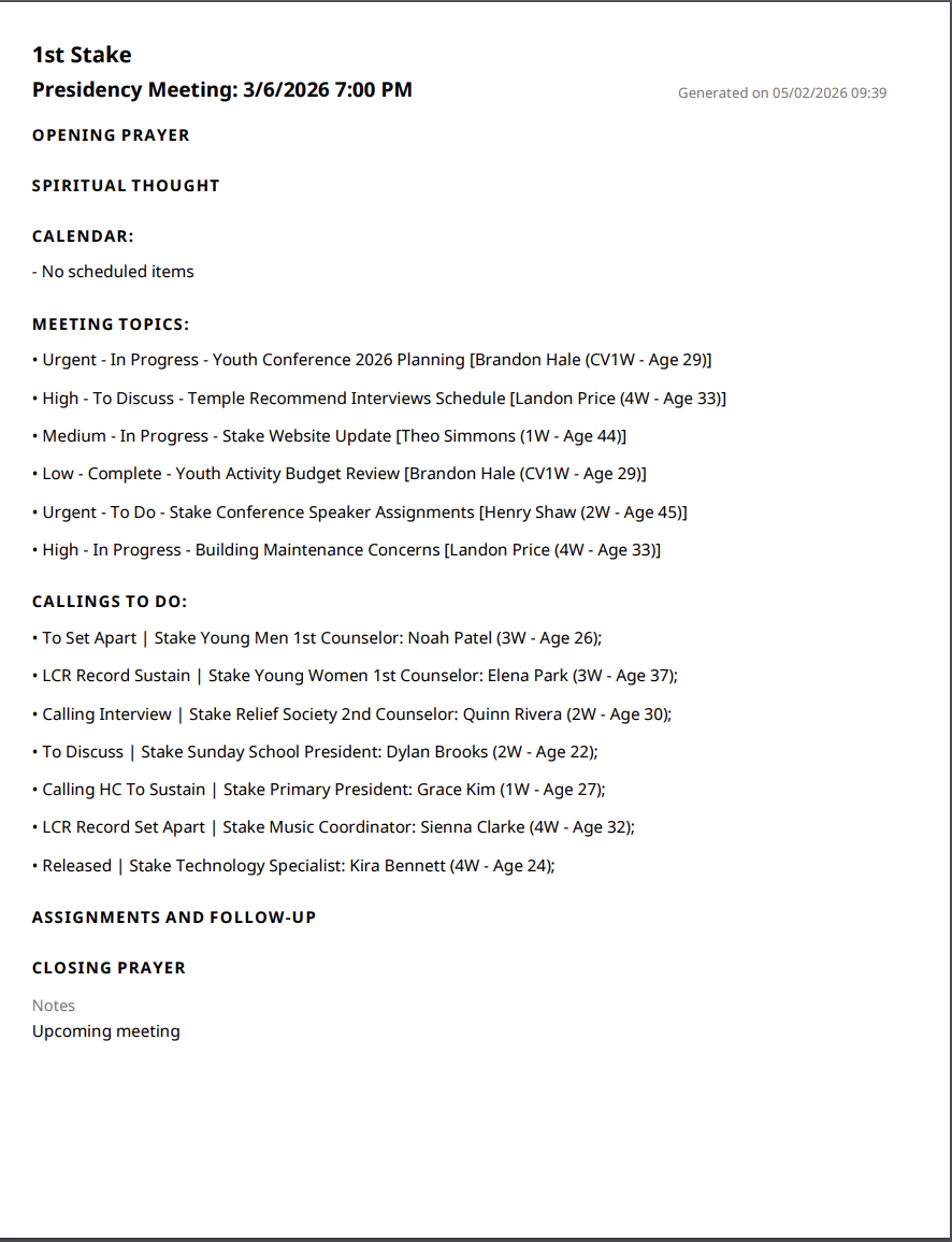 Meeting agenda print view ready for printing