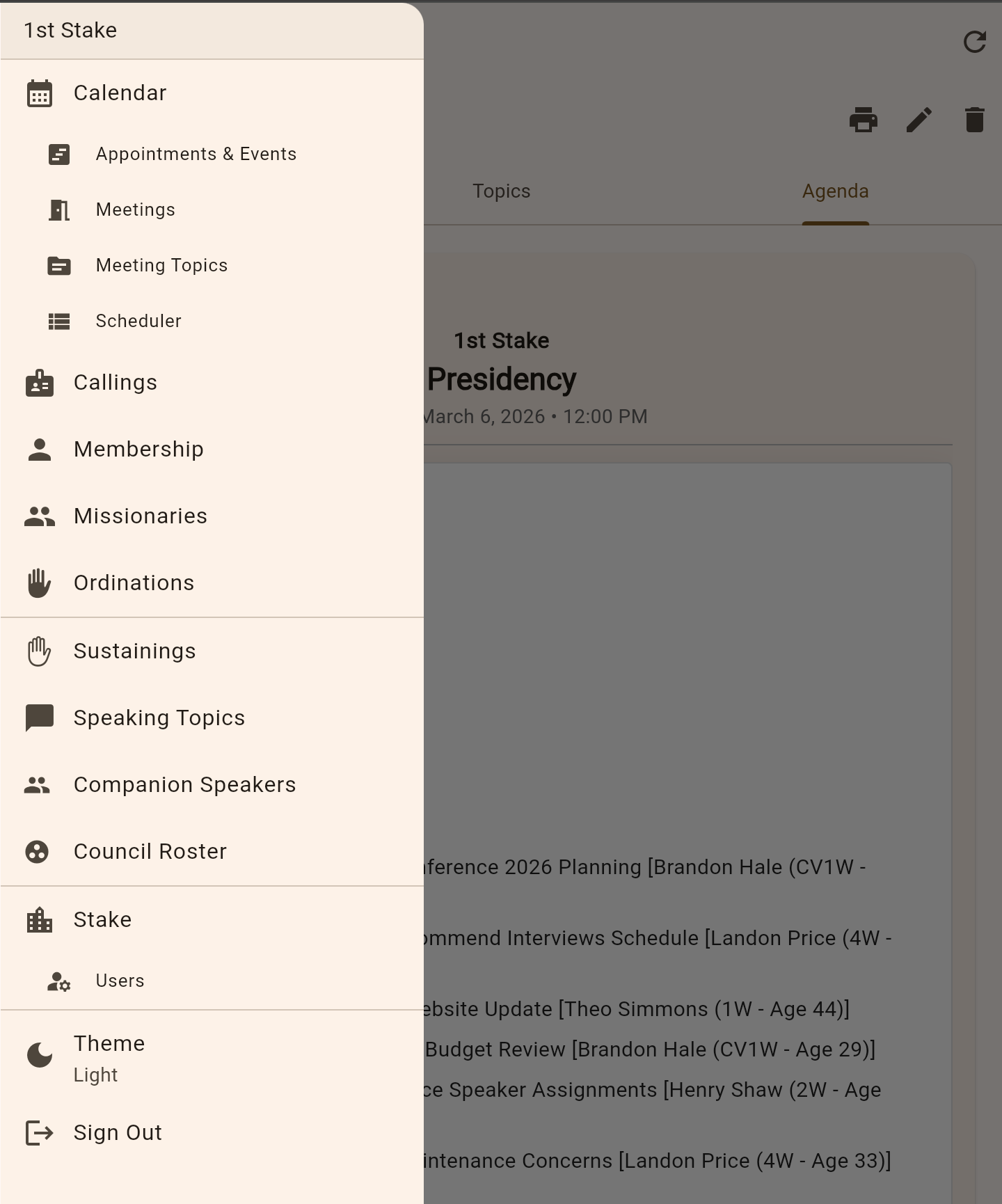 Menu drawer showing Callings, Members, Calendar, Meetings, Missionaries, Ordinations, Speaking, Stake, Users, Theme, and Sign Out