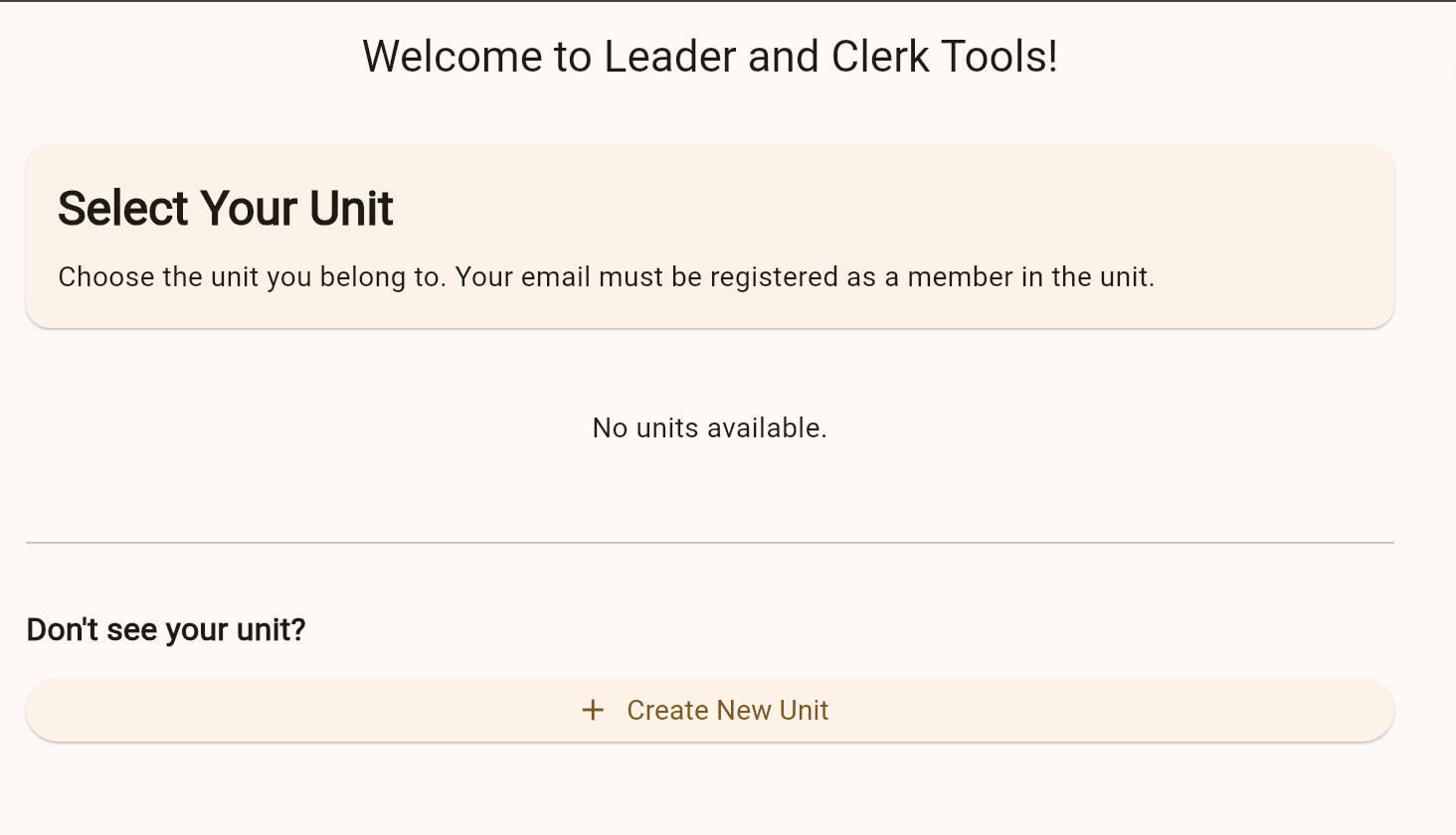 Select unit screen during onboarding