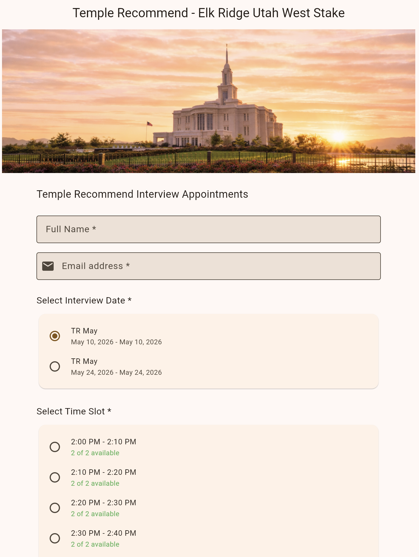 Public Temple Recommend interview booking form