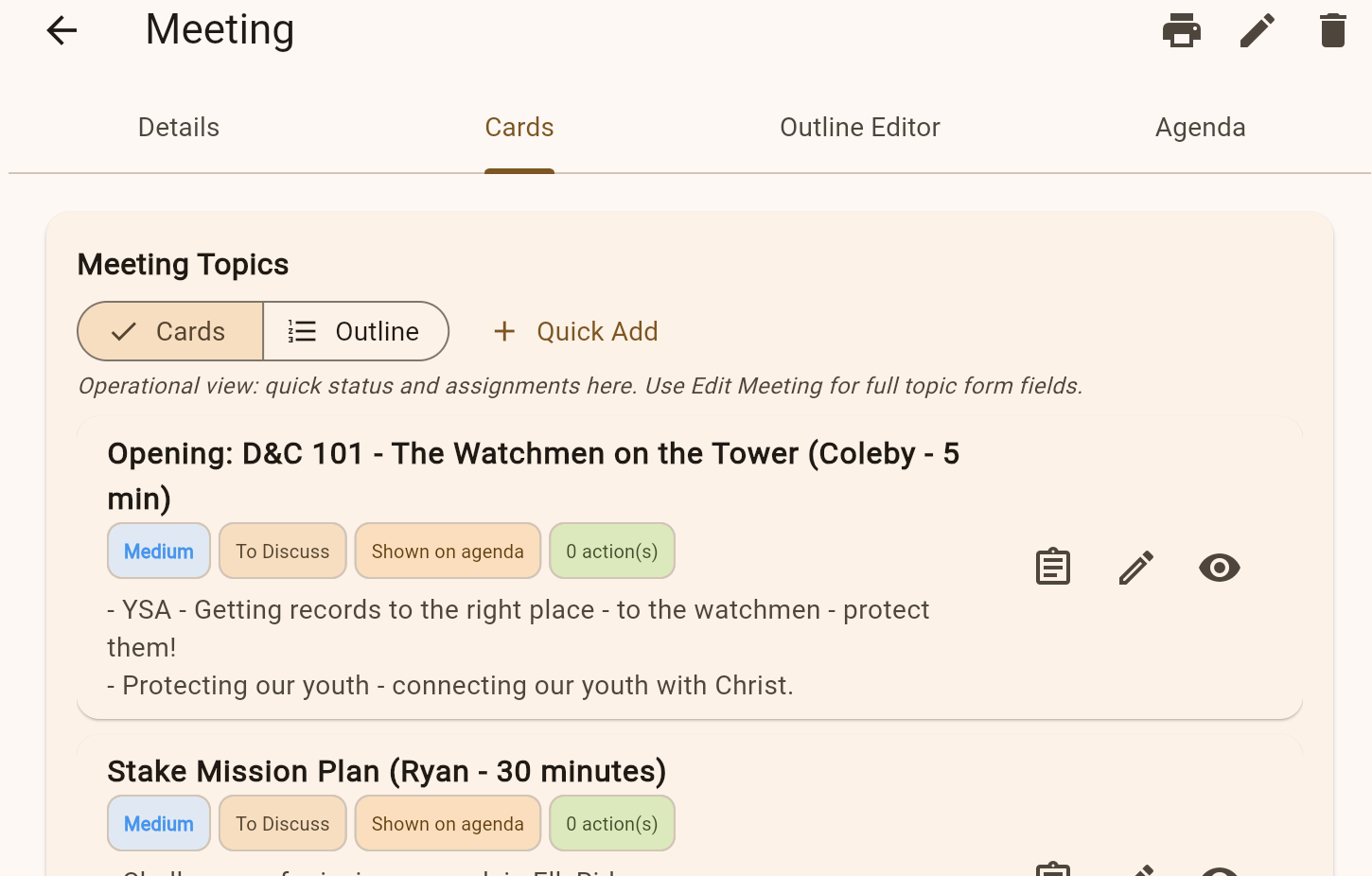 Meeting topic form for creating or editing a topic