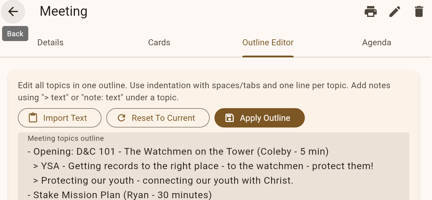 Meeting topics list view with topic chips and statuses
