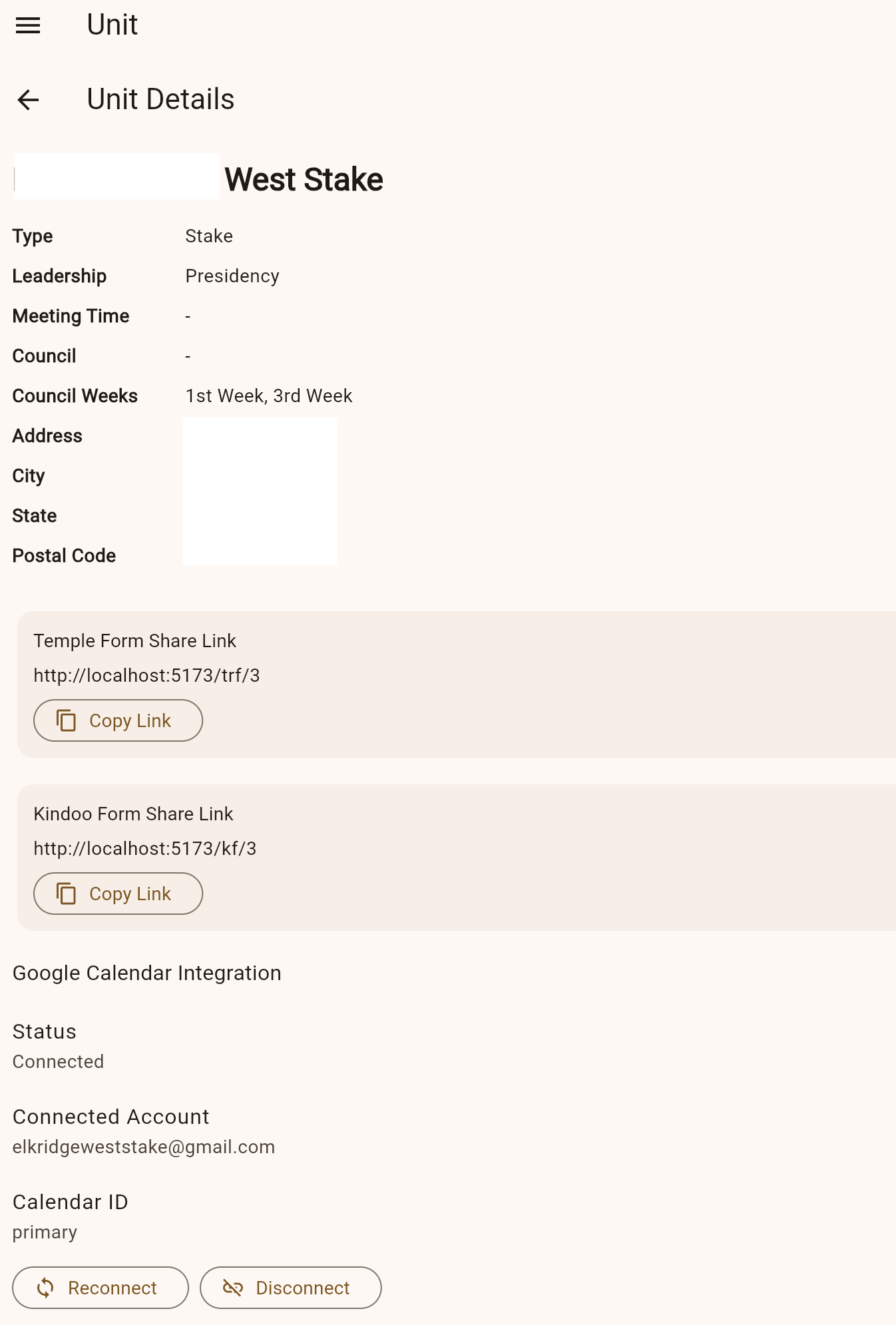 Unit settings page showing Google Calendar Integration connection status